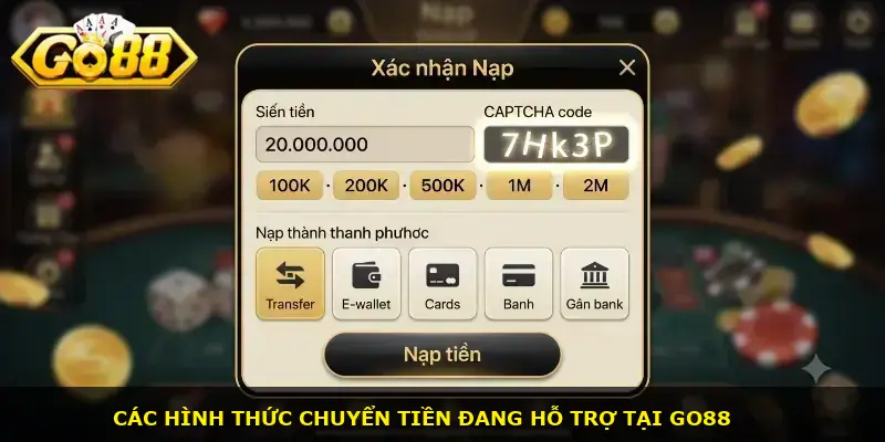 Các hình thức nạp tiền đang có tại GO88